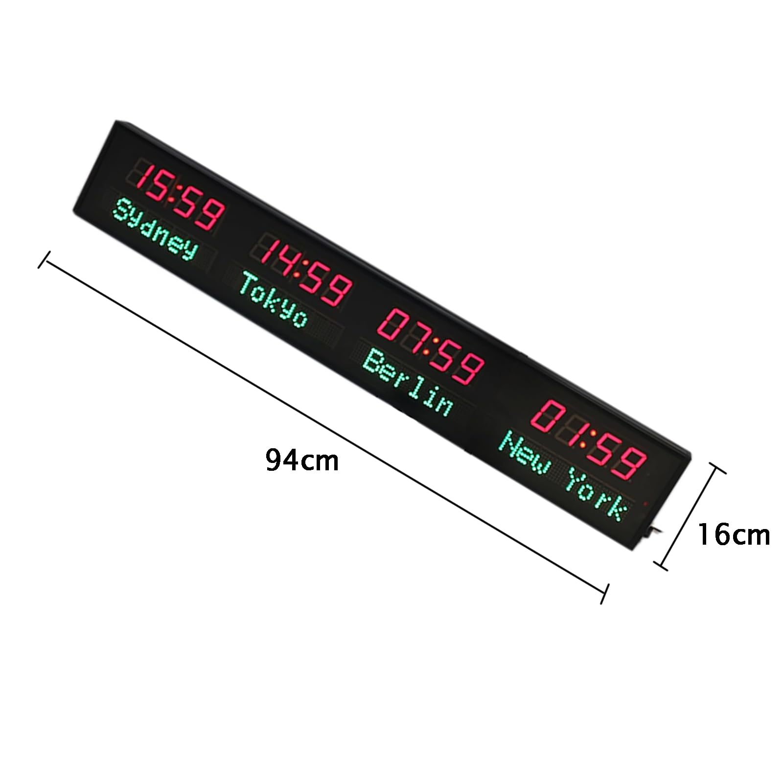 Zegar ścienny z 4 strefami czasowymi, cyfrowy zegar LED World TimeZone z pilotem zdalnego sterowania, zmienny miasto, 3-stopniowa regulacja jasności, połączenie WiFi, 3 tryby instalacji, na