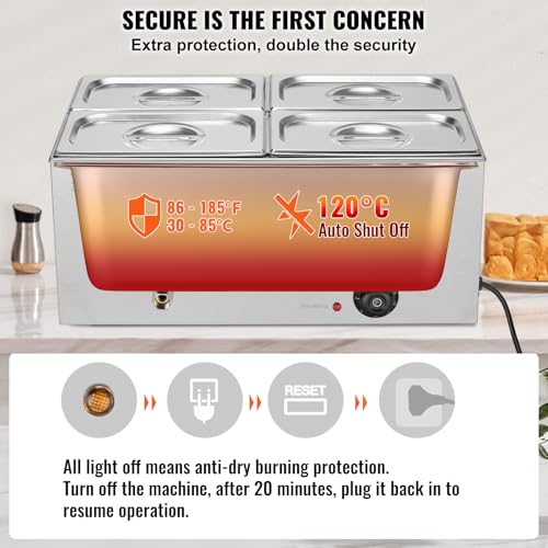 VEVOR kommerzieller Speisenwärmer 15L 4x1/4 Größe Speisebehälter, elektrische Warmhalteplatte, 1200 W Arbeitsplatte aus Edelstahl, Buffet-Bain-Marie, 30–85 °C Temperaturregelung für Gastronomie – Bild 5