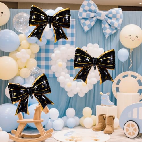 Image of 2pcs Large Bow Balloons, Bow Themed Party Decorations Elegant Coquette Balloons for Coquette Birthday Wedding Engagement Party Decoration (black with star dot)