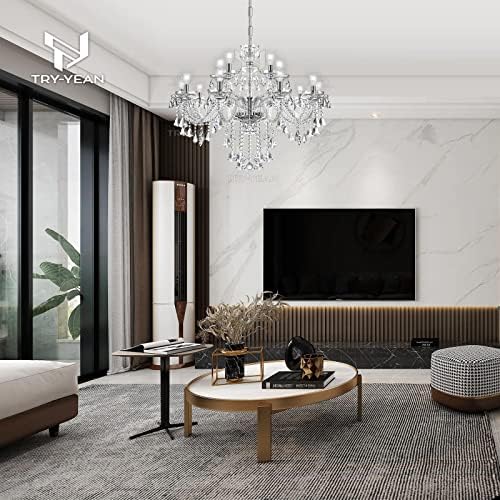 TRY-YEAN 15 Lights Clear Chandeliers Ceiling Light for Bedroom Living Room Adjustable Crystal Chandelier Ceiling Pendant Lighting E14 for Dining Room Hallway Entry Restaurant, K9 Crystal Glass, 220V