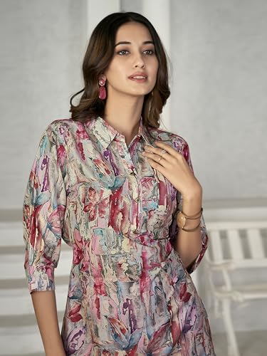 Image of NAINVISH Women Muslin Floral Co-Ord Set | Ethnic | Casual Wear Pant Top Set | Fancy | Full Pair Set | Kurtis Sets | Kurta Pant Set