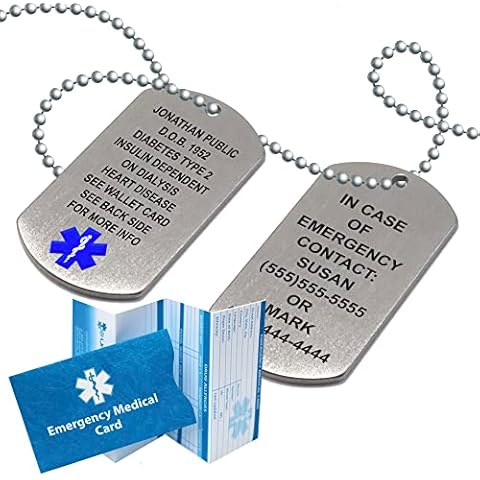 UniMedData Medical Alert Dog Tags Necklace for Men - Customizable Laser Engraved 18 Lines, Stainless Steel Beaded 27” Chain with Emergency Medical Card & Personal Health Record Access Cover