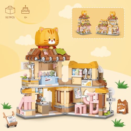 Image of Street View Cute Cat Shop Mini Building Blocks, MOC Creative Building Toys Cute Animals Building Set for Girls 6-12, Simulation Architecture Construction Toy, Gift Idea for Kids Adults (917 PCS)