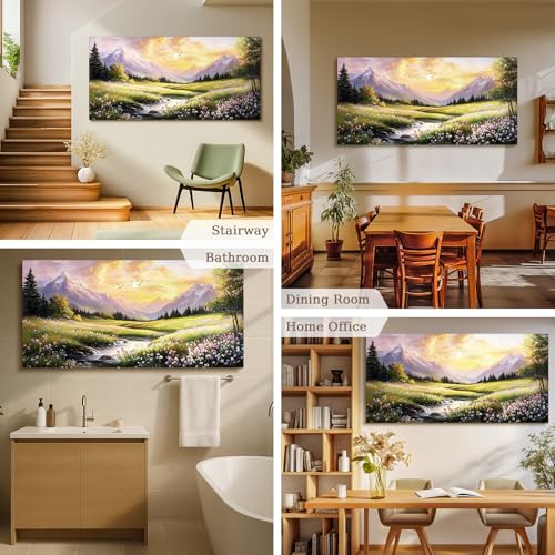 crmotu Landscape Wall Art, Mountain Wall Art, Countryside Scenic Canvas Prints, Nature River Wildflower Spring Oversized Paintings for Living Room Bedroom Dining Room Farmhouse Cottage 30x60inch