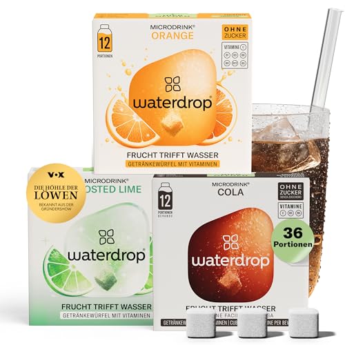 waterdrop® Microdrink Set - Cola, Orange & Frosted Lime – 36 Würfel für Geschmack im Wasser, Zero Zucker Getränke, Geschmackspulver mit Vitaminen, Wasserzusatz für Limonade & Spezi-Alternative