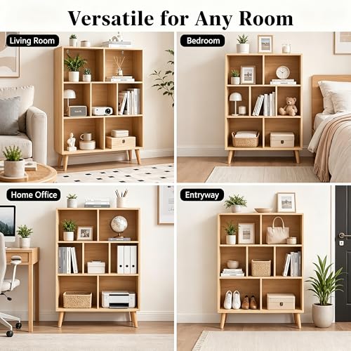 Image of HealSmart 7 Cube Storage Organizer, 3 Tier Bookshelf with Legs, Free Standing Cube Bookcase for Living Room, Bedroom, Office, Wood