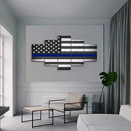 Us Usa American Flag Military Canvas Print Wall Art Thin Blue Line Home Decor Decals Pictures Poster For Living Room Bedroom Dining Room Office 5 Panel Paintings Framed Ready To Hang (60"Wx32"H, F) #TOP2