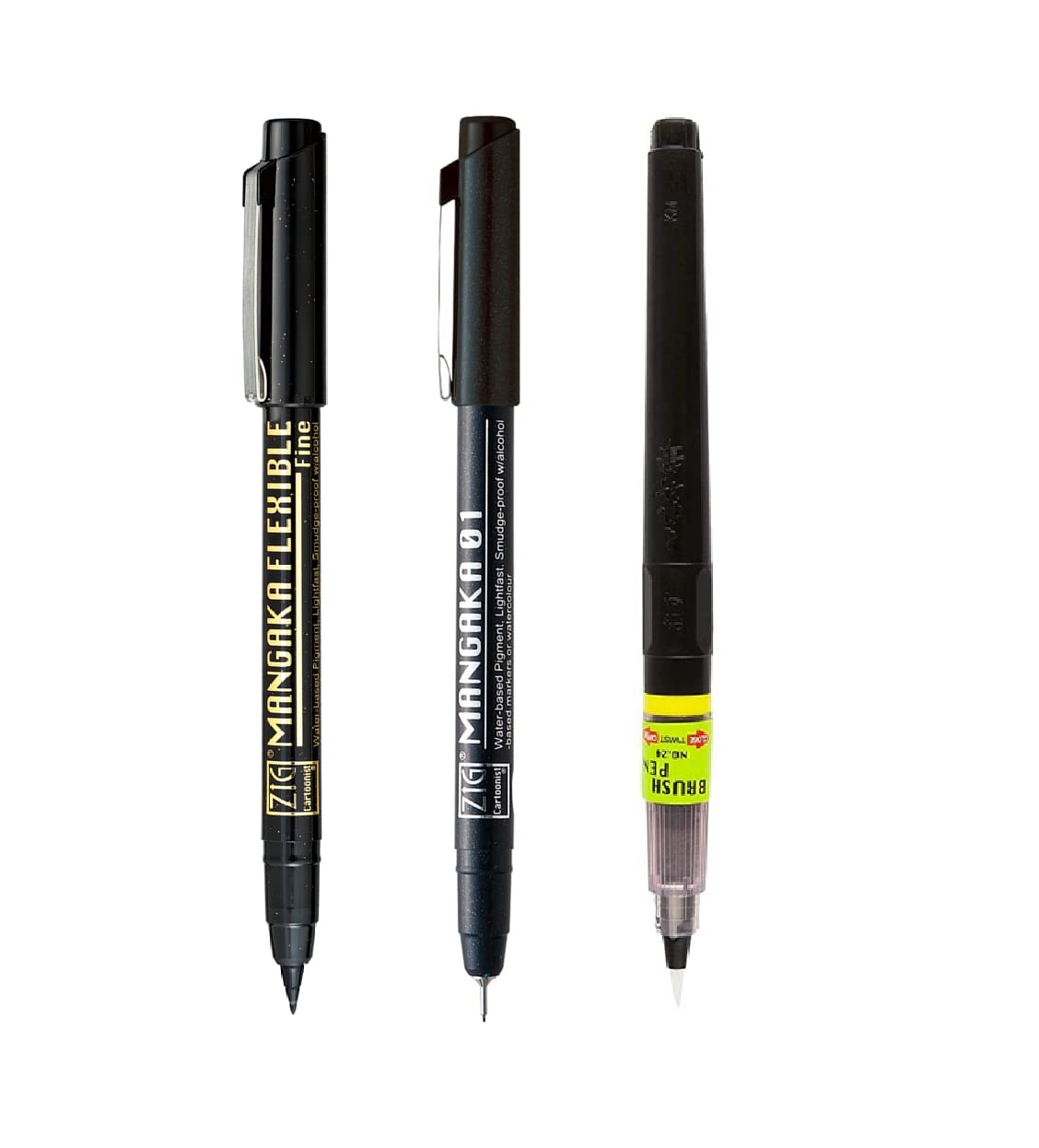 Zig Special Set, Illustration Basic Set Cartoonist Black Brush Pen No.24, Mangaka Flexible Fine & Micron Pen CNM-01 for Manga Drawing Lettering and Calligraphy, Professional Artist Quality.