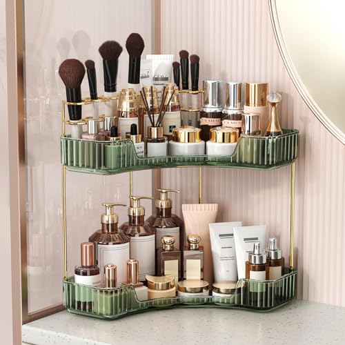 Image of BEFSOP Corner Bathroom Counter Organizer, Upgraded 2-Tier Makeup Organizer Countertop with Makeup Brush Holder, Skincare Exquisite Vanity Organizers Countertop Bathroom Storage Dresser(Green)