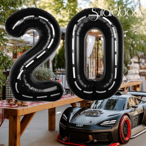 Image of Race Car 40 Inch Black 20 Big Large Helium Balloon Number 0-9 | Track Giant Digital 20th Foil Mylar Party Balloons for Men Birthday Car Theme Party Anniversary Graduation Decorations