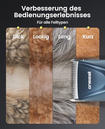 Oneisall Hundeschermaschine profi 1 Akkus, 2-Gang Schermaschine Hund Katze, Hundetrimmer Leise für Dickes, Langes und Lockiges Tierhaare, mit Karbonstahl-Klingenkamm