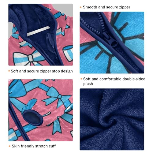 Blue and White Bow Pattern Toddler Fleece Jacket Girl Boys Hooded Fleece Jacket Coat Warm Outwear Zip-up 3-10T3