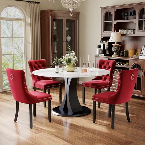 Image of 5-Piece Dining Table Set with 47In Faux Marble Table and 4 Velvet Upholstered Chairs, Modern Scandinavian Furniture for Dining Room Kitchen(Burgundy)
