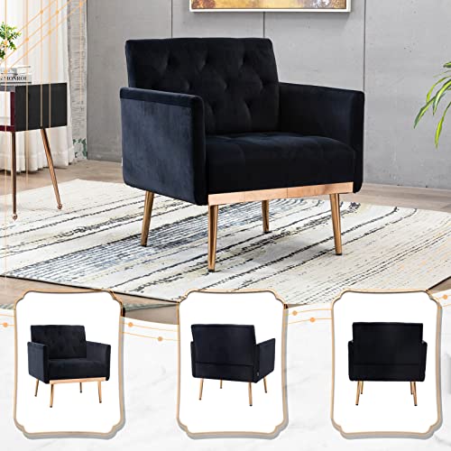 Upholstered Velvet Accent Chair For Living Room, Modern Leisure Single Sofa Arm Chair With With Rose Gold Metal Legs, Comfy Mid Century Armchair For Reading Room, Bedroom, Office, Set Of 2 (Black) #TOP4