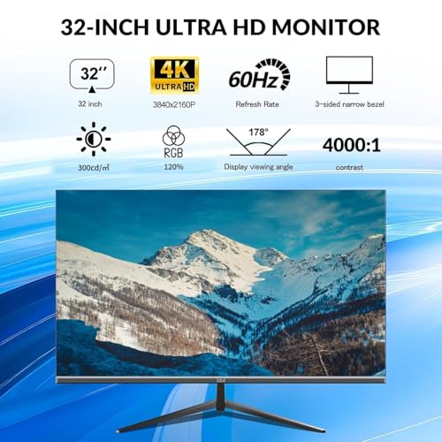 Image of 32 Inch 4K UHD Monitor (3840x2160), IPS,60Hz Refresh Rate, 120% sRGB, AMD FreeSync, 178 Viewing Angle, HDMI /DisplayPort, VESA 100x100mm Mount Compatible, Tilt Adjustable - Black