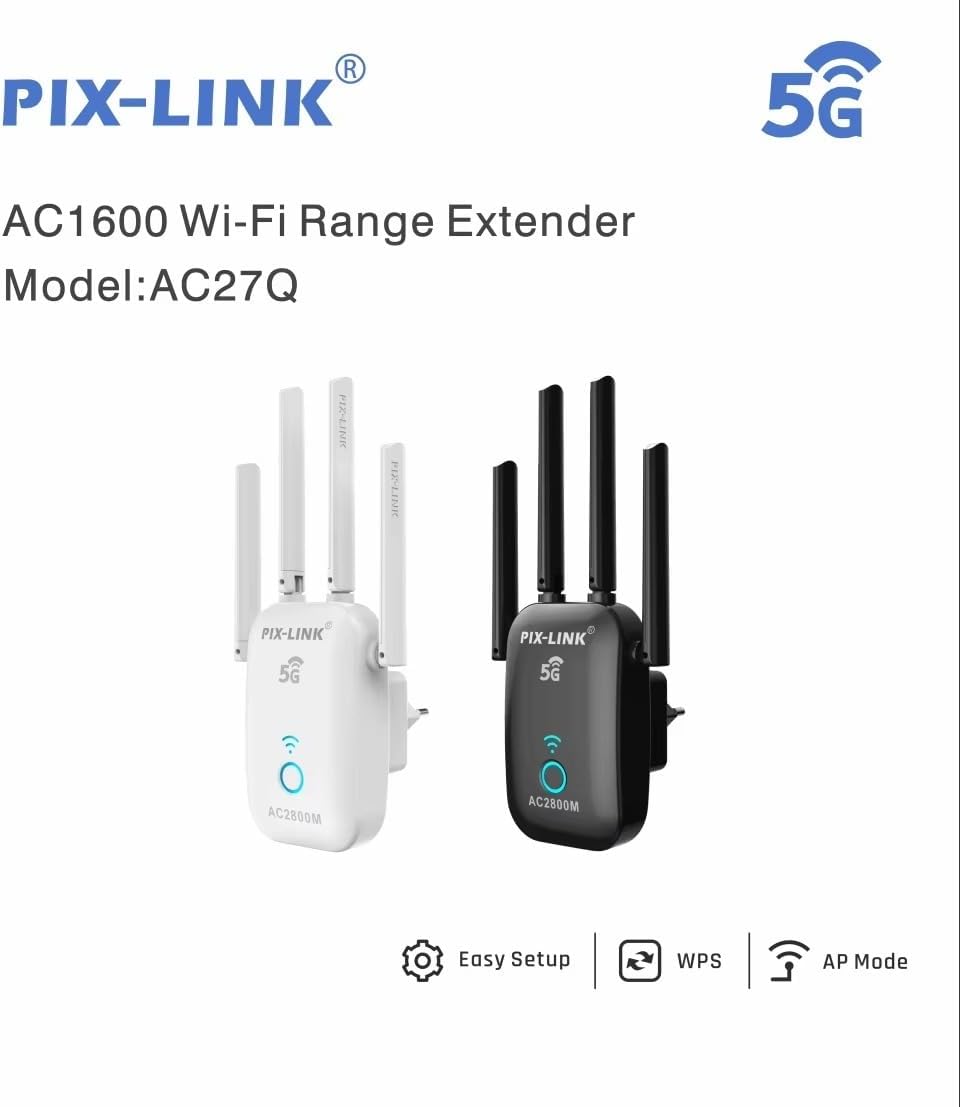 PIX-LINK AC1600 Wi-Fi Range Extender Model AC27Q, showing both black and white versions of the device with four antennas, indicating Easy Setup, WPS, and AP Mode features.