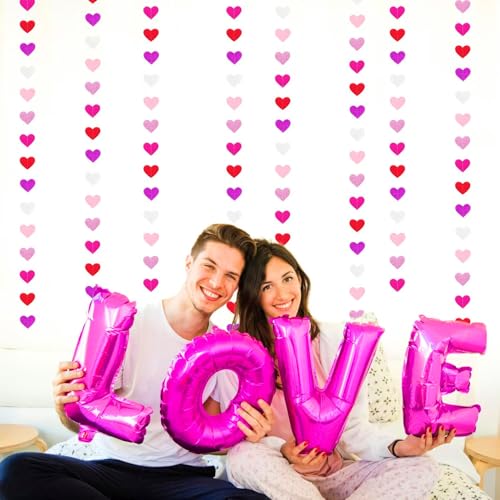 Image of Galentines Party-Decoration Valentines-Day Heart-Garland - 52ft Purple Hot-Pink Red Hanging Paper Streamers Banner, Proposal Anniversary Romantic Birthday Baby Shower Rustic Wedding Decor Hugfond
