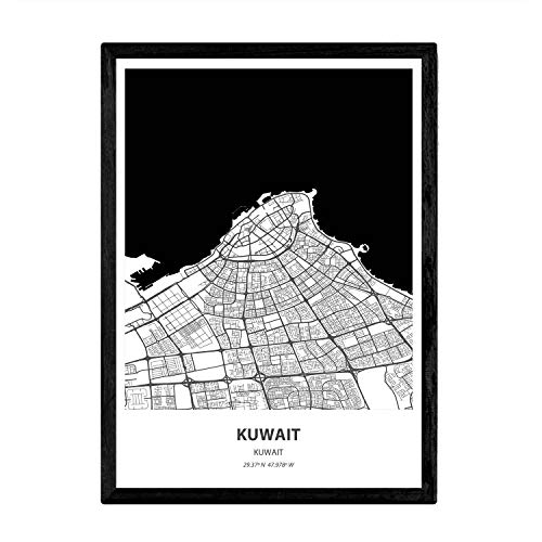 Nacnic Affiche avec Carte du Koweït - Koweït. Feuilles Villes du Moyen-Orient avec des Mers et des rivières en Couleur Noire. Format A4