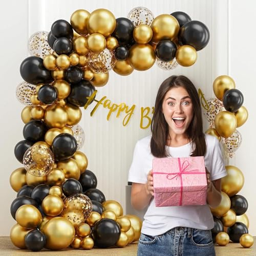 Image of Bliss & Bow Latex Birthday Balloon Kit | Black, Gold Chrome Balloons with Confetti Balloons, Arch Tape, Glue Dots, Birthday Banner for Decoration | Ideal Party Decor Set (61 Piece)