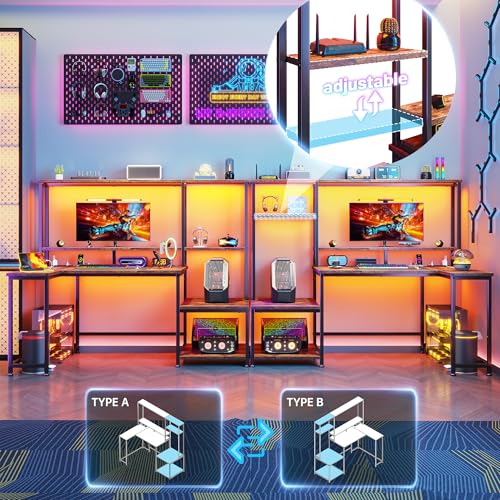 Image of DurayLoly Computer Desk with Hutch,Power Outlets and RGB Light to Protect Eyes,Teen Desk with Shelves for Bookshelf,Reversible Workstation with Printer Space and Monitor Stand for Small Room,Brown