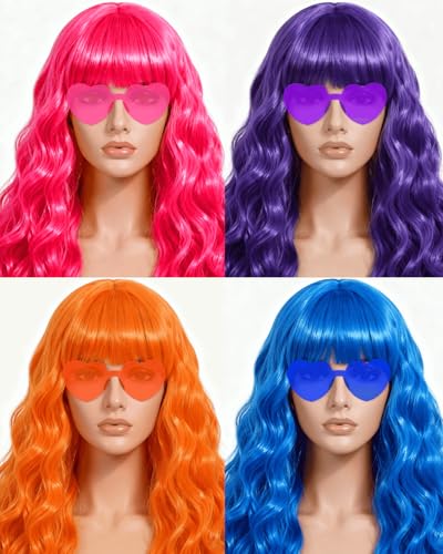 FSLLZCJY Long Curly Wig with Heart Sunglasses and Hair Cap Set of 4 | Colorful Colored Party Wigs Funny Costume Hairpieces for Cosplay