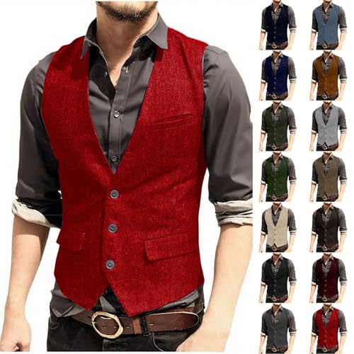Men's Western Cowboy Suit Vest Slim Fit V-Neck Herringbone Dress Vests Casual Three Buttons Waistcoat for Wedding