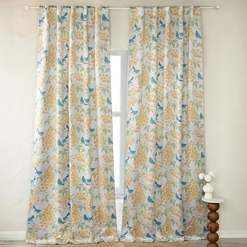 Image of Tranquebar Curtain Co. Semi Blackout Curtains 5 Feet for Window, 80% Blackout, Blue Yellow Floral & Bird Print, Semi Blackout Window Curtains, Heavy Polyester, BackTabs, Veya (152 cm) - 1 Piece