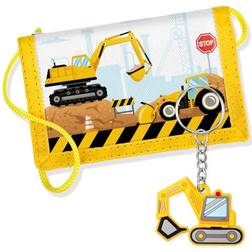 Hestya Kinder Brustbeutel - Dreifach Gefaltete Geldbörse mit Schlüsselanhänger, Portemonnaie zum Umhängen Geschenk für Jungen & Mädchen (Baustelle-Bagger)