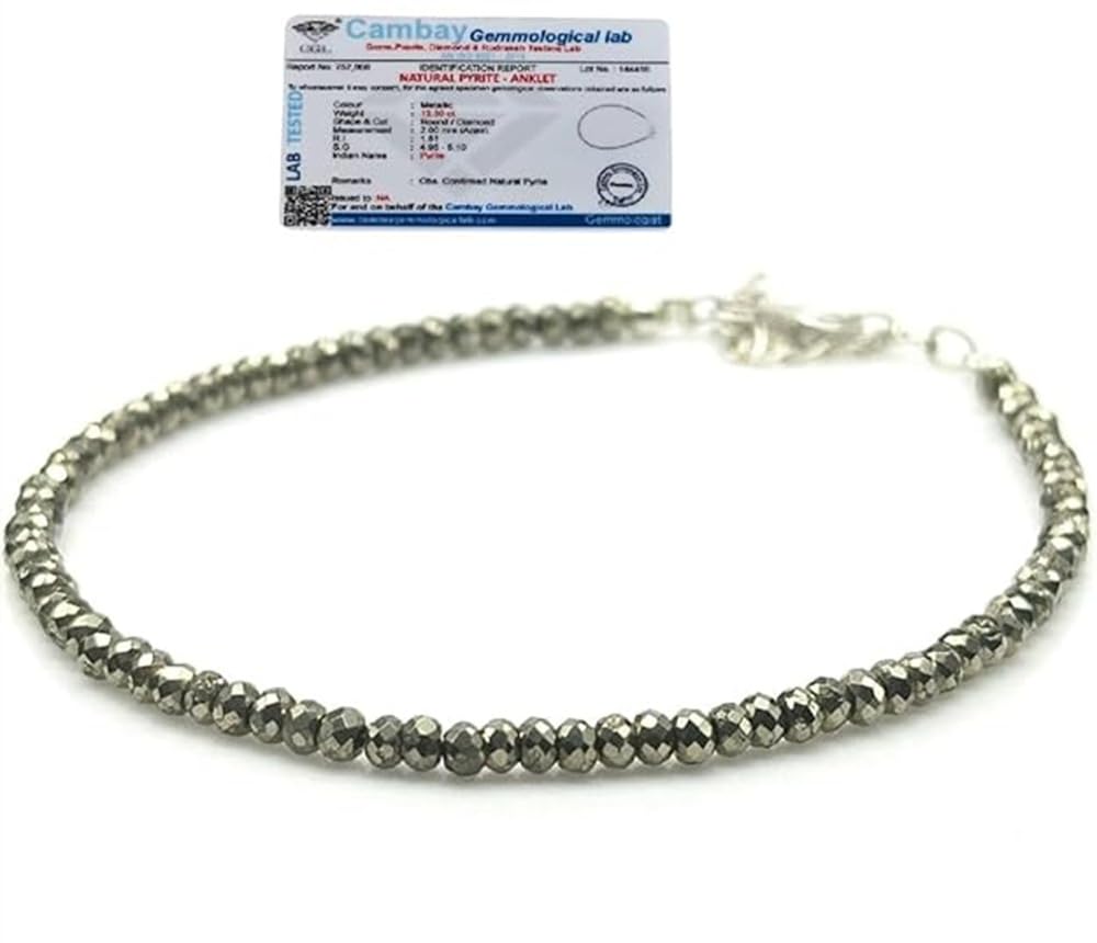 Certified Raw Pyrite Anklet 2mm Beads Size for Women | Natural Crystal Healing Stone Anklet for Wealth, Good Luck & Protection (1 Nos.)