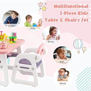 Costzon kids table and chair set 3 piece plastic activity table with building blocks storage shelf for children reading drawing writing arts crafts toddler table and chair set pink  urban country home decor