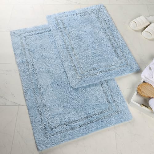 Superior Non-Slip 2 Piece Bath Rug Set, Ultra Plush, Soft, and Absorbent 100% Combed Cotton Pile - Traditional Oval Bath Mat Set, Light Blue