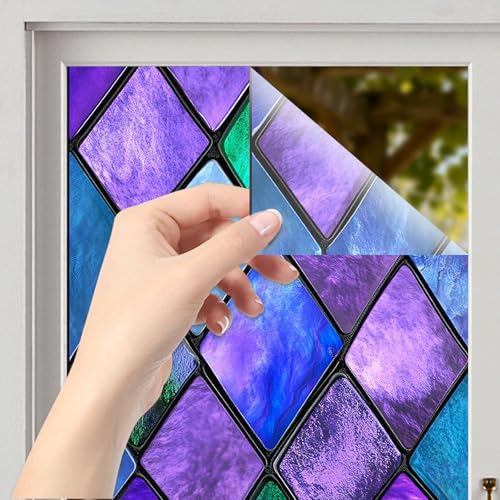 Image of Nuxovilar Stained Glass Window Film Purple Teal Diamond Pattern PVC 17.7 x 39.4 Inches Window Clings for Glass Surface Privacy Decor for Entryway Bedroom Sliding Door