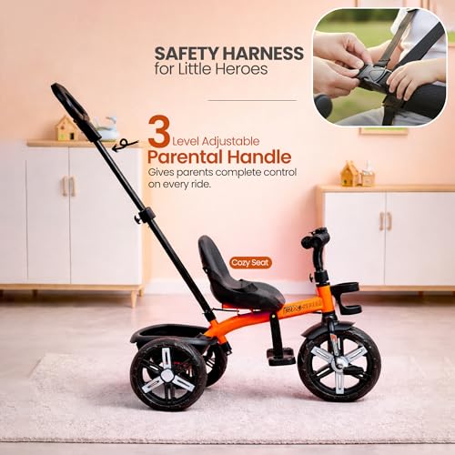 Image of Luusa Elite 500 Kids Tricycle with Parent Push Handle & Safety Seat Belt - Premium 3 Wheel Toddler Cycle with Storage Basket & Comfortable Backrest for 1-4 Years Boys & Girls (Orange)