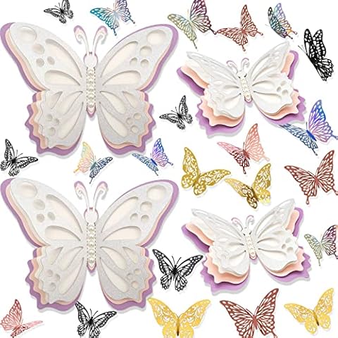 HMASYO 52Pcs 3D Large Butterfly Wall Decor Set, 4Pcs Large Pearl Butterfly with 4 Layer, 48Pcs Butterfly Stickers 5 Sizes for Birthday Baby Shower Nursery Girls Bedroom Wedding Party Decorations Cover