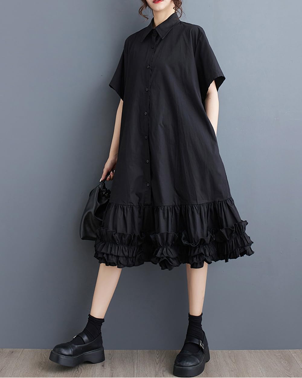 ellazhu Women's Shirt Dress Button Down Lapel Short Sleeve Ruffle Hem Oversize Loose Casual Solid GZ183 A - Image 2