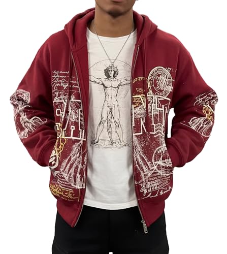 Sopula Studio Mens Zip Up Hoodie Graphic Long Sleeve Sweatshirt with Pockets Oversized Vintage Jackets Unisex Red