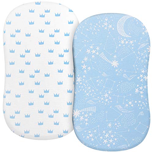 Image of TILLYOU Jersey Knit Soft Bassinet Sheets Fitted for Baby Boy Girl, Stretch to Fit Cover Brands’ Basinette Bedside Co-Sleeper Lounger Cradle Oval Rectangle Hourglass Mattress, 2-Pack Moons and Stars
