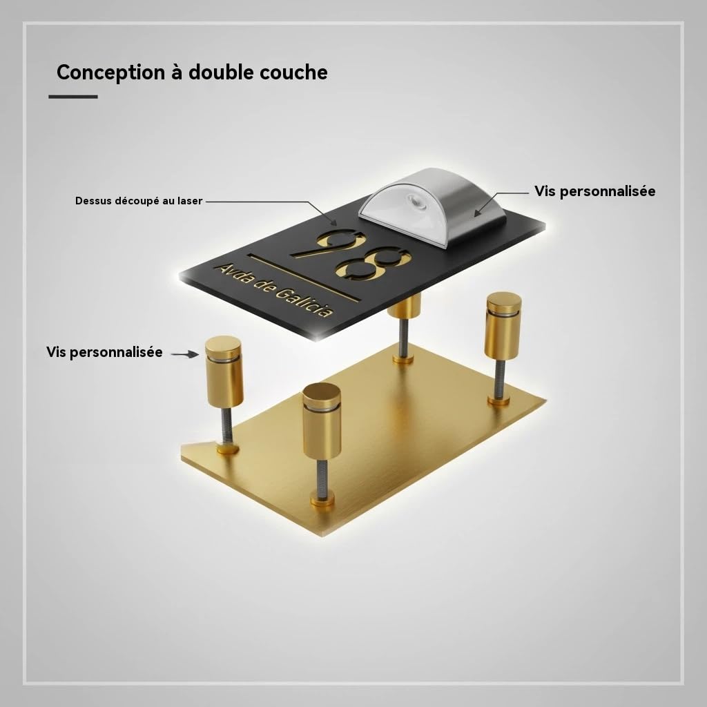 Plaque Numéro de Maison Extérieure Personnalisée Imperméable - Acrylique LED Solaire, 6 Polices - Pour Porte/Mur (4 Tailles au Choix : 15x25cm, 15x29cm, 18x32cm, 22x35cm)(Noir-Blanc)