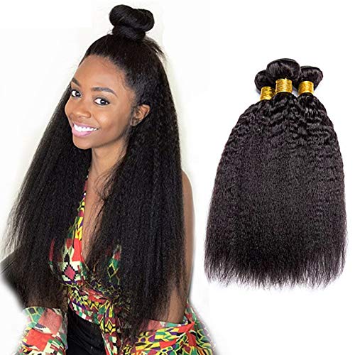 Kinky Straight Wave Bundles Human Hair 3 Bundles 18 20 22 Inch Yaki Straight Brazilian Unprocessed Virgin Remy Hair Weave Sew In Hair Extensions Double Hair Weft Tangle Free Natural Black