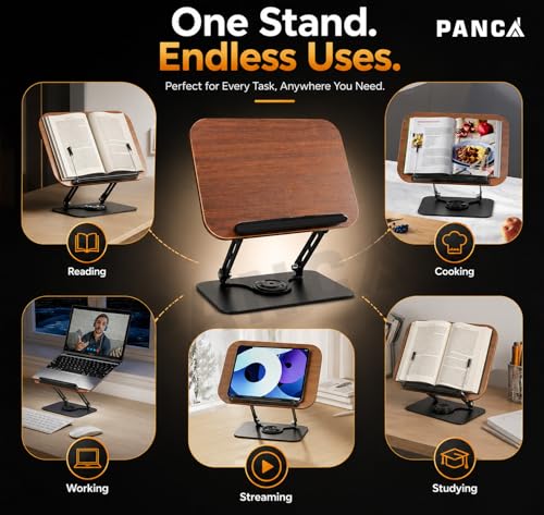Image of PANCA Adjustable Book Stand for Reading & Laptop Stand for Desk | 360 Rotating Base Wooden Book Holder | Multi-Angle Cookbook, Textbook, Tablet & Laptop Stand for Study, Office & Home Use
