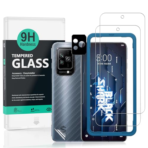 IBYWIND Cristal Templado para Black Shark 5 5G 6,67'[2 Piezas],con Metálico Protector de Lente de Cámara,Atrás Pegatina Protectora Fibra de Carbono, Kit de instalación fácil
