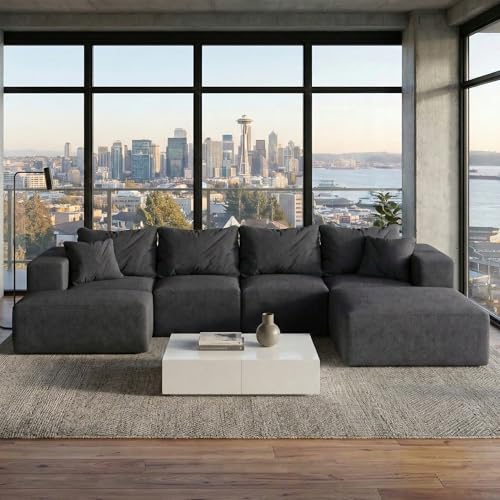 Image of 132 inch Modular Sectional Sleeper Sofa Couch, Modern Cloud Chenille Sectional Couch with Ottoman, Boneless U Shape Couches for Living Room, Free Combination, No Assembly Required, Black
