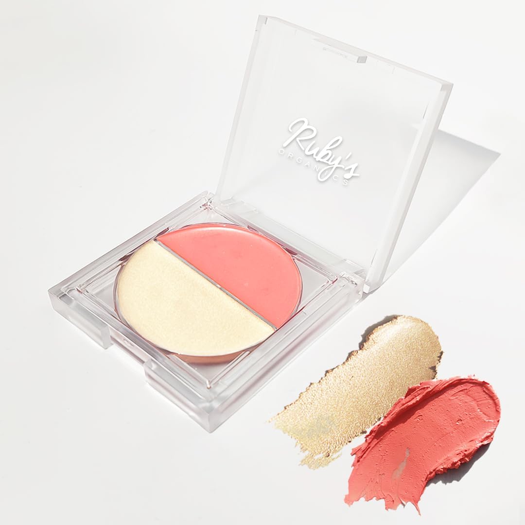 Ruby's OrganicsBlush for Cheeks Natural Cream, Highlighter Duo Palette, Lightweight Flawless All Day Glow, Suitable for Oily, Dry, Paraben Free - (Peach + Aura)9g (Pack of 1)