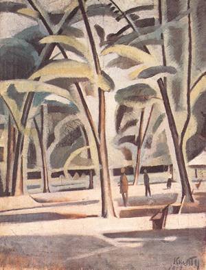 Peinture à l'huile City xk 1912 Janos Kmetty tableau cubiste de grand format 30 x 36 pouces