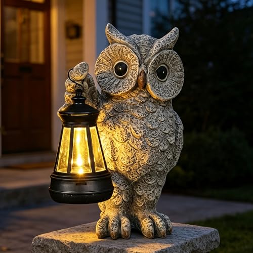 Garden Statues, owl Outdoor Figurines Decorated with Solar Lights, Unique Christmas Birthday Gifts for Moms, Grandmas, Women, Wives, Sisters (Grey Owl1)