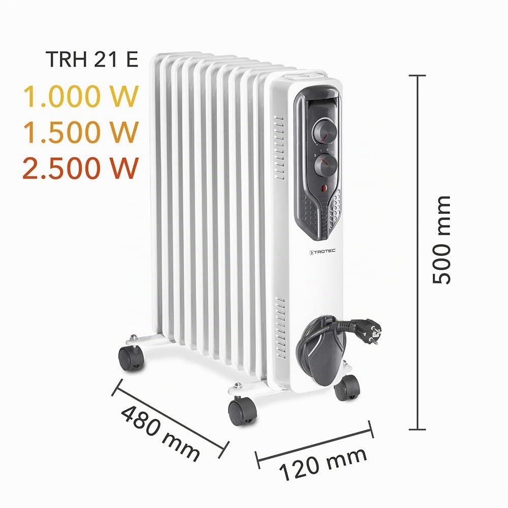TROTEC Radiador de Aceite TRH 21 E, 2.500 W, 3 potencias de calefacción, Radiador efectivo de 11 aletas