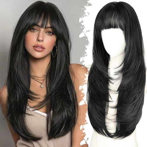 Eawwii Long Black Wig with Bangs for Women, 4x4 Realistic Scalp,Free...