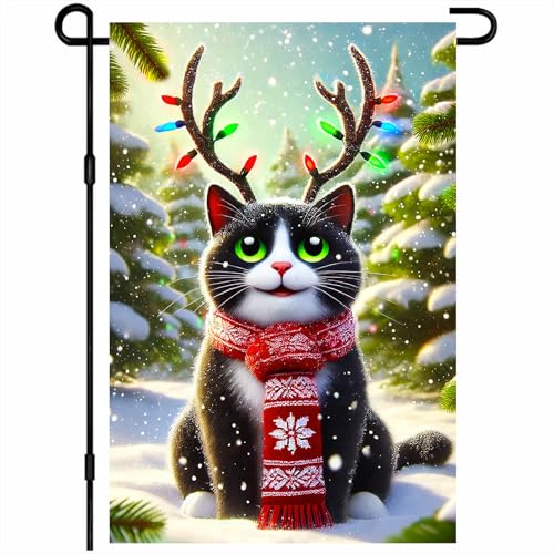 Image of BlissYard Christmas Cat Garden Flag 12x18 Inch Holiday Reindeer Antlers Lights Yard Banner Winter Outdoor Decoration Double Sided Cute Kitty with Red Scarf Seasonal Porch Lawn Flag