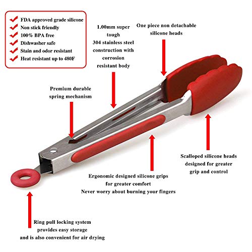 Hot Target Set of 3-7, 9, 12 inches, Red Color, Heavy Duty, Non-Stick, Stainless Steel Silicone BBQ and Kitchen Tongs. Heat resistant up to 600°F (3 COLORS AVAILABLE)