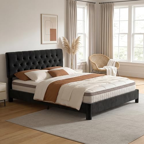 Queen Size Bed Frame with Headboard, Luxury Velvet Fabric Upholstered Bed frame with Button Tufted Design, Strong Wooden Slats Support - Low & Sturdy, Noise-Free, No Box Spring, Easy Assembly, Black by Vipbear - Used condition - Image 3
